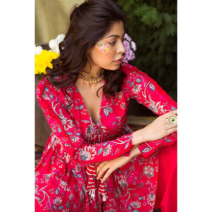 Chhavvi Aggarwal Red Printed Tunic With Dhoti (Set of 2)