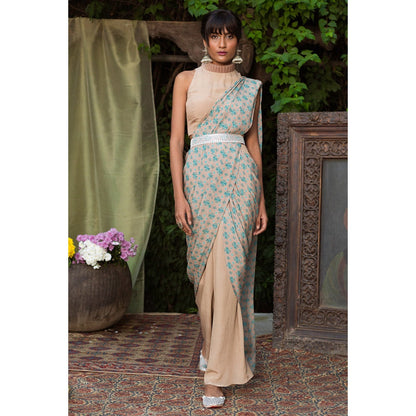 Chhavvi Aggarwal Grey And Teal Print Pant Saree With Belt (Set of 3)