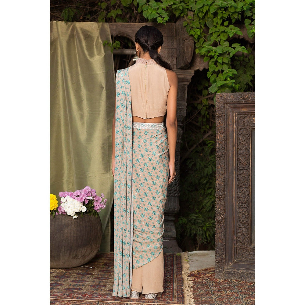 Chhavvi Aggarwal Grey And Teal Print Pant Saree With Belt (Set of 3)