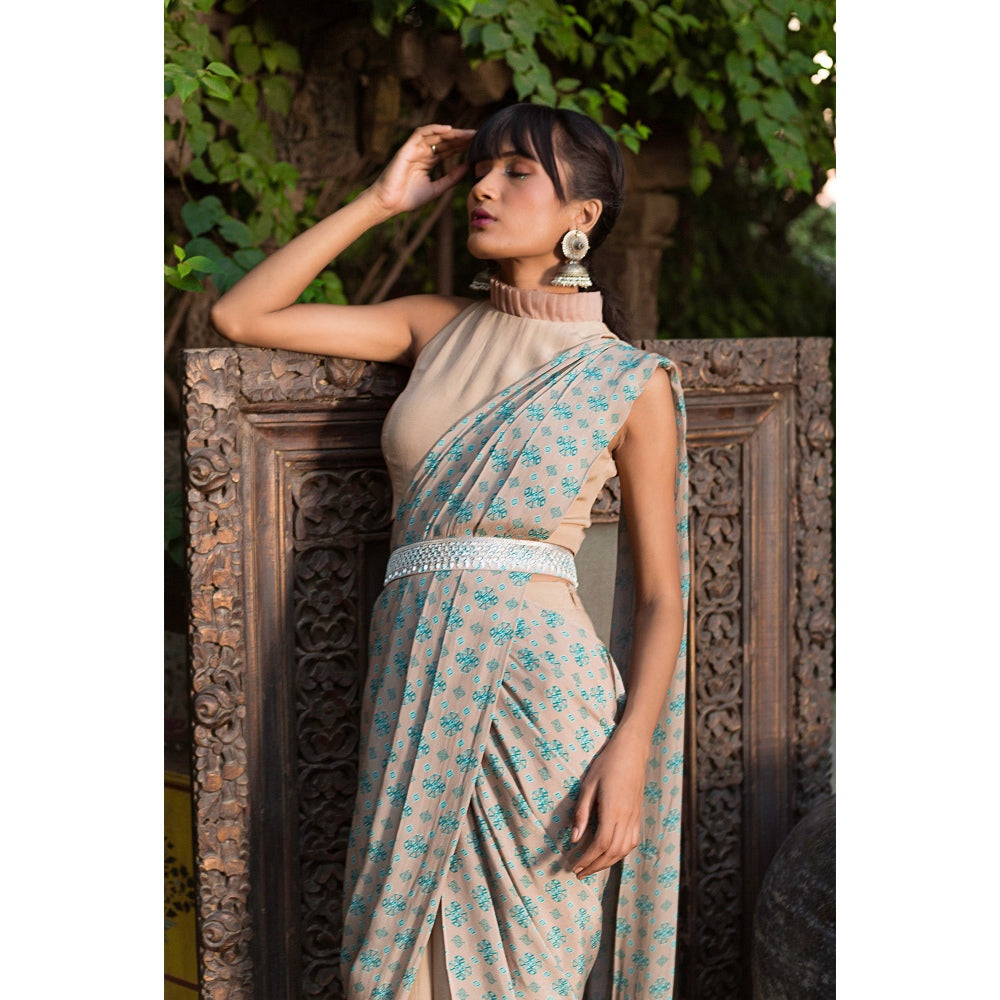Chhavvi Aggarwal Grey And Teal Print Pant Saree With Belt (Set of 3)