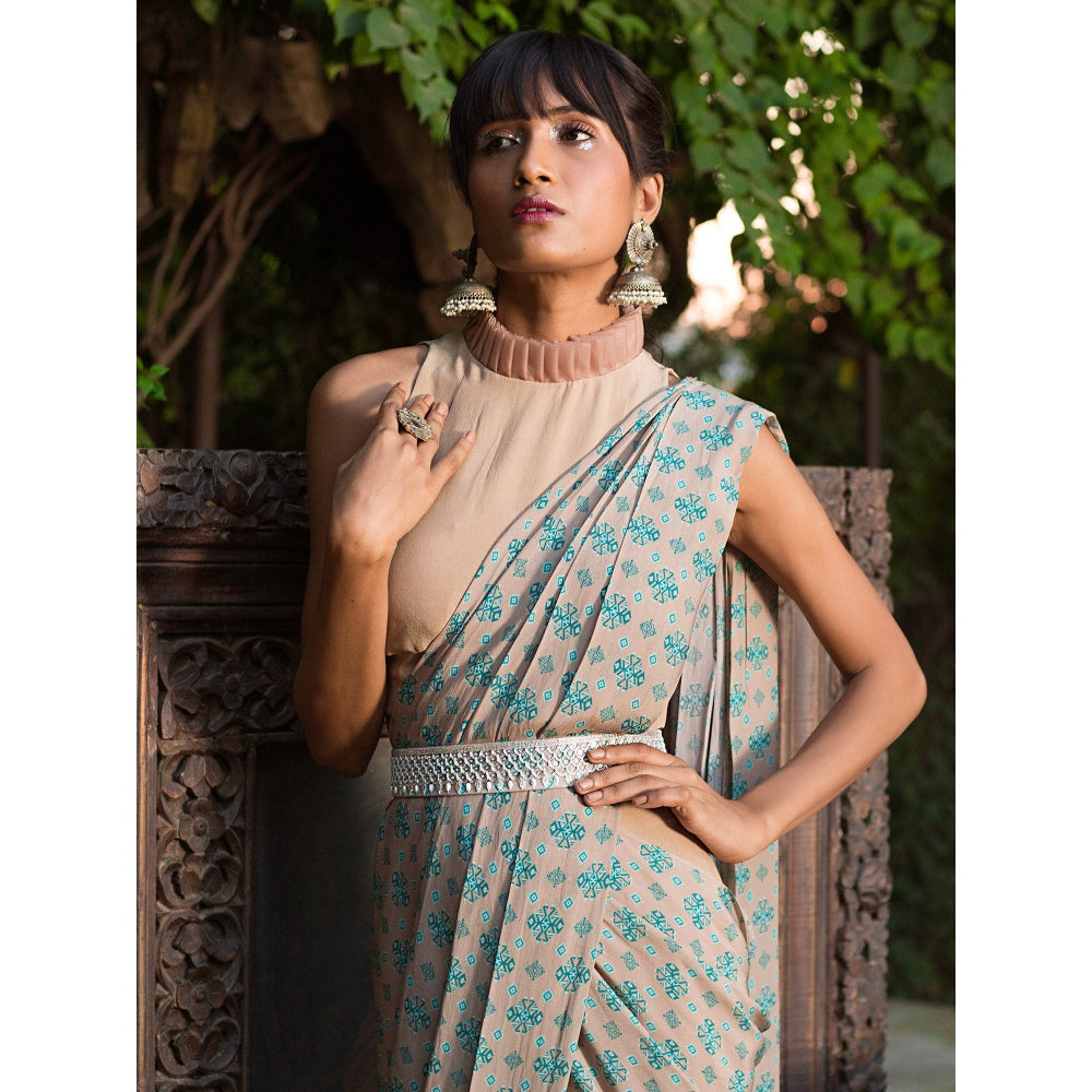 Chhavvi Aggarwal Grey And Teal Print Pant Saree With Belt (Set of 3)