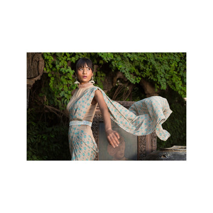 Chhavvi Aggarwal Grey And Teal Print Pant Saree With Belt (Set of 3)