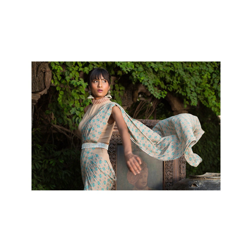Chhavvi Aggarwal Grey And Teal Print Pant Saree With Belt (Set of 3)