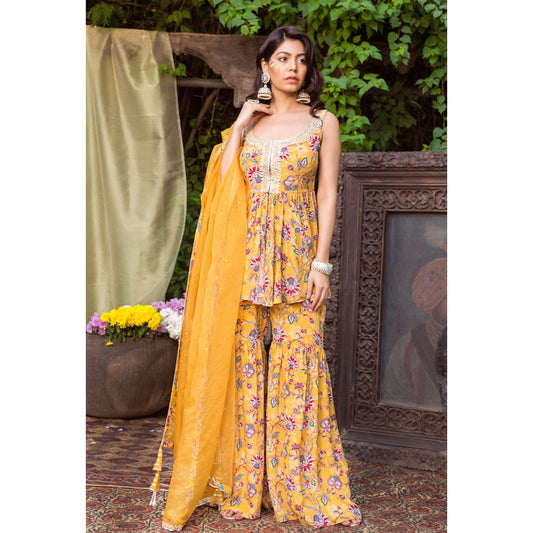 Chhavvi Aggarwal Yellow Printed Sharara With Printed Tunic And Dupatta (Set of 3)