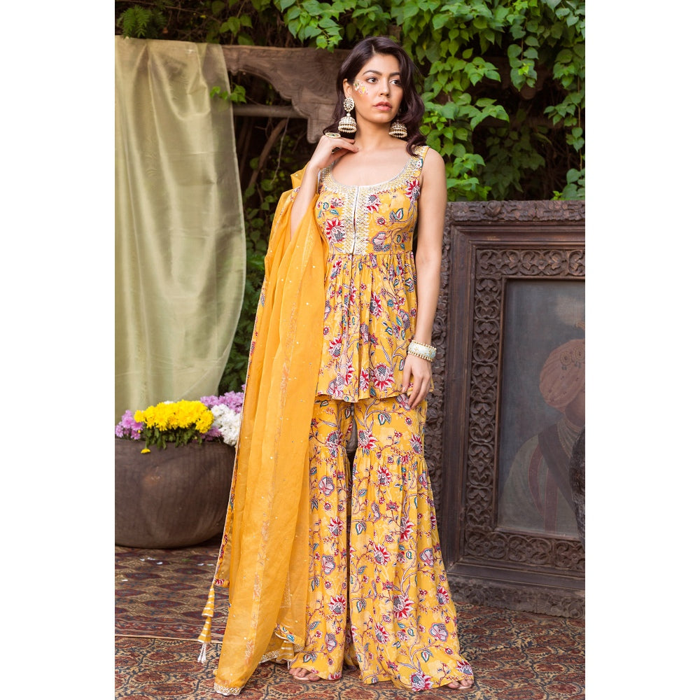Chhavvi Aggarwal Yellow Printed Sharara With Printed Tunic And Dupatta (Set of 3)