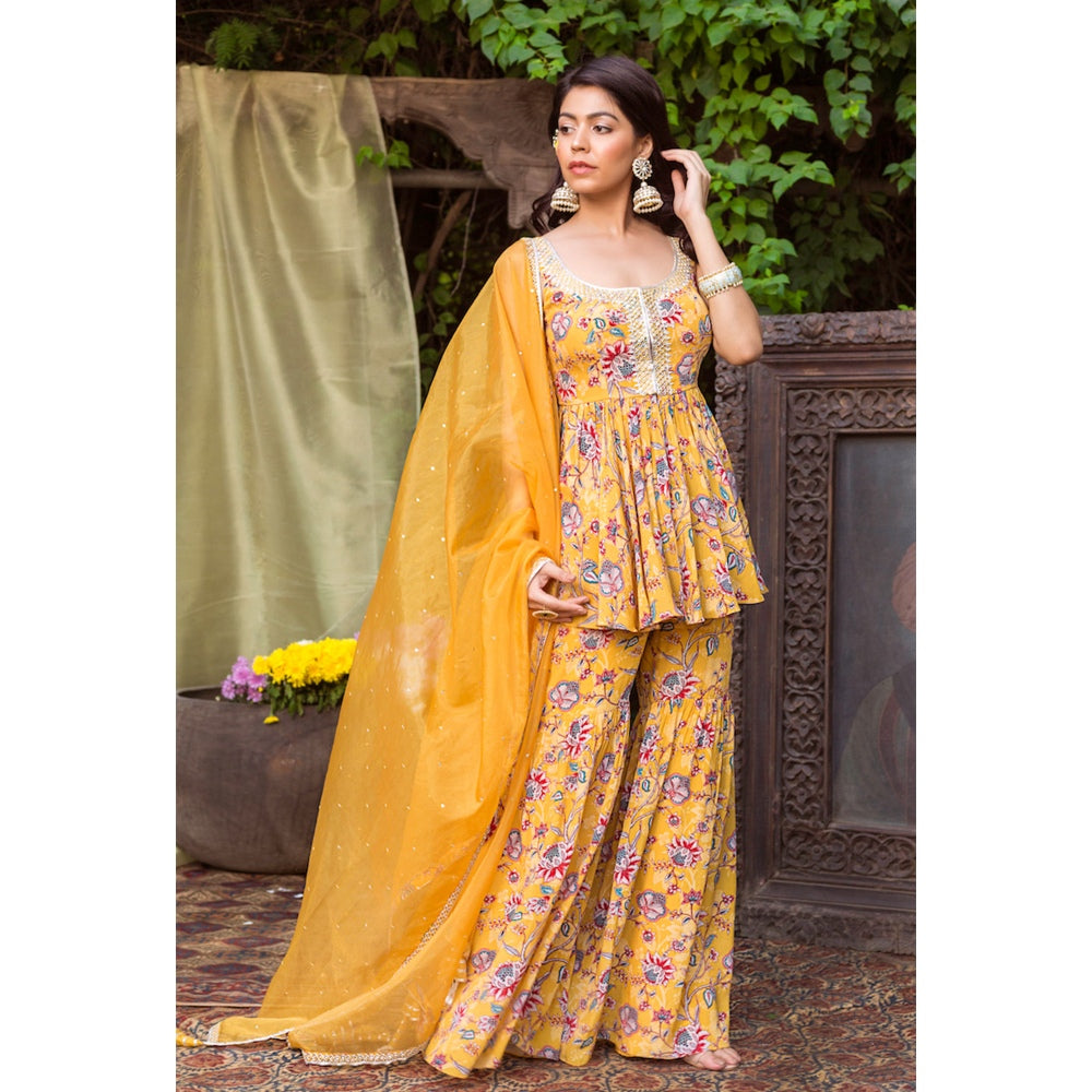 Chhavvi Aggarwal Yellow Printed Sharara With Printed Tunic And Dupatta (Set of 3)