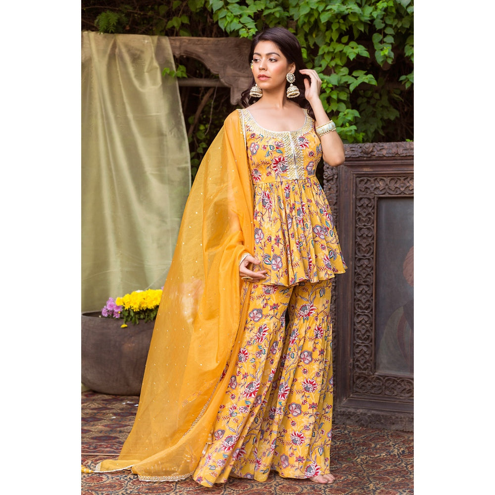 Chhavvi Aggarwal Yellow Printed Sharara With Printed Tunic And Dupatta (Set of 3)