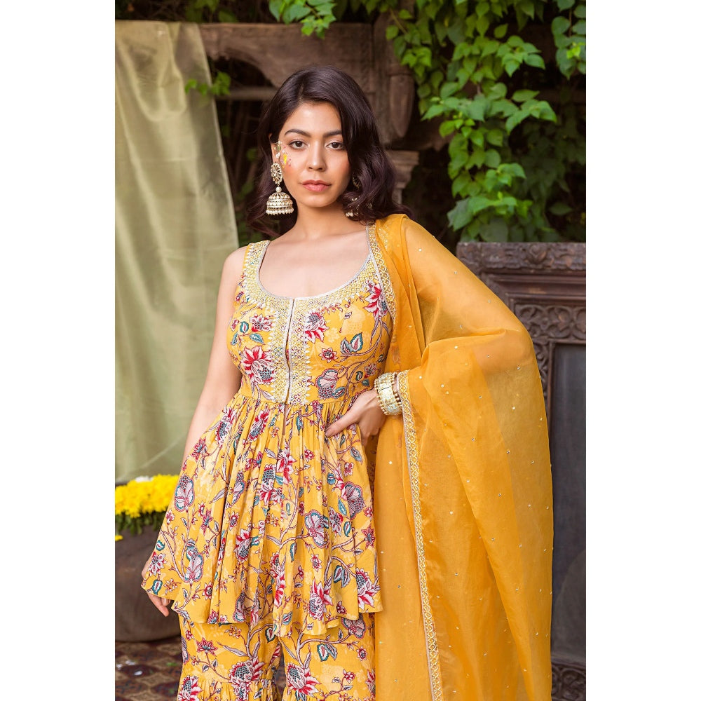 Chhavvi Aggarwal Yellow Printed Sharara With Printed Tunic And Dupatta (Set of 3)