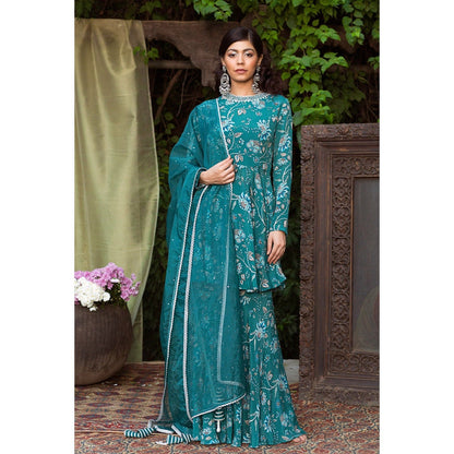Chhavvi Aggarwal Teal Blue Print Kurta And Sharara With Dupatta (Set of 3)