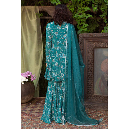 Chhavvi Aggarwal Teal Blue Print Kurta And Sharara With Dupatta (Set of 3)