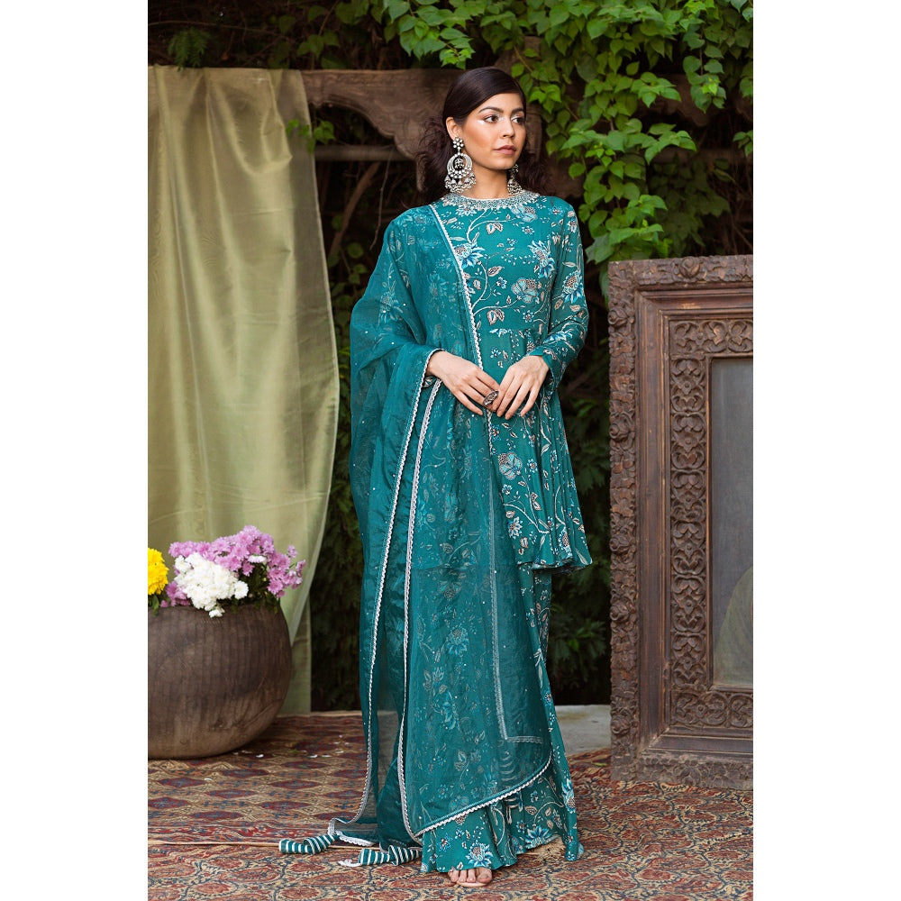 Chhavvi Aggarwal Teal Blue Print Kurta And Sharara With Dupatta (Set of 3)
