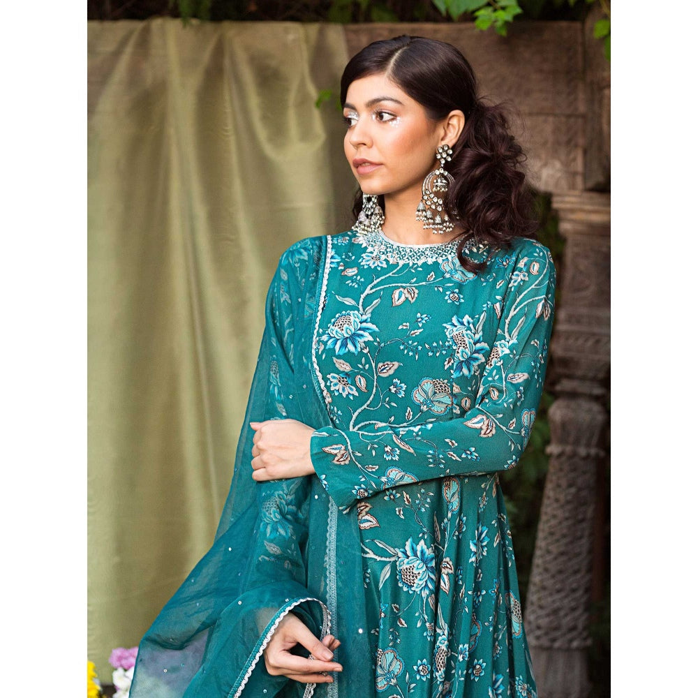 Chhavvi Aggarwal Teal Blue Print Kurta And Sharara With Dupatta (Set of 3)