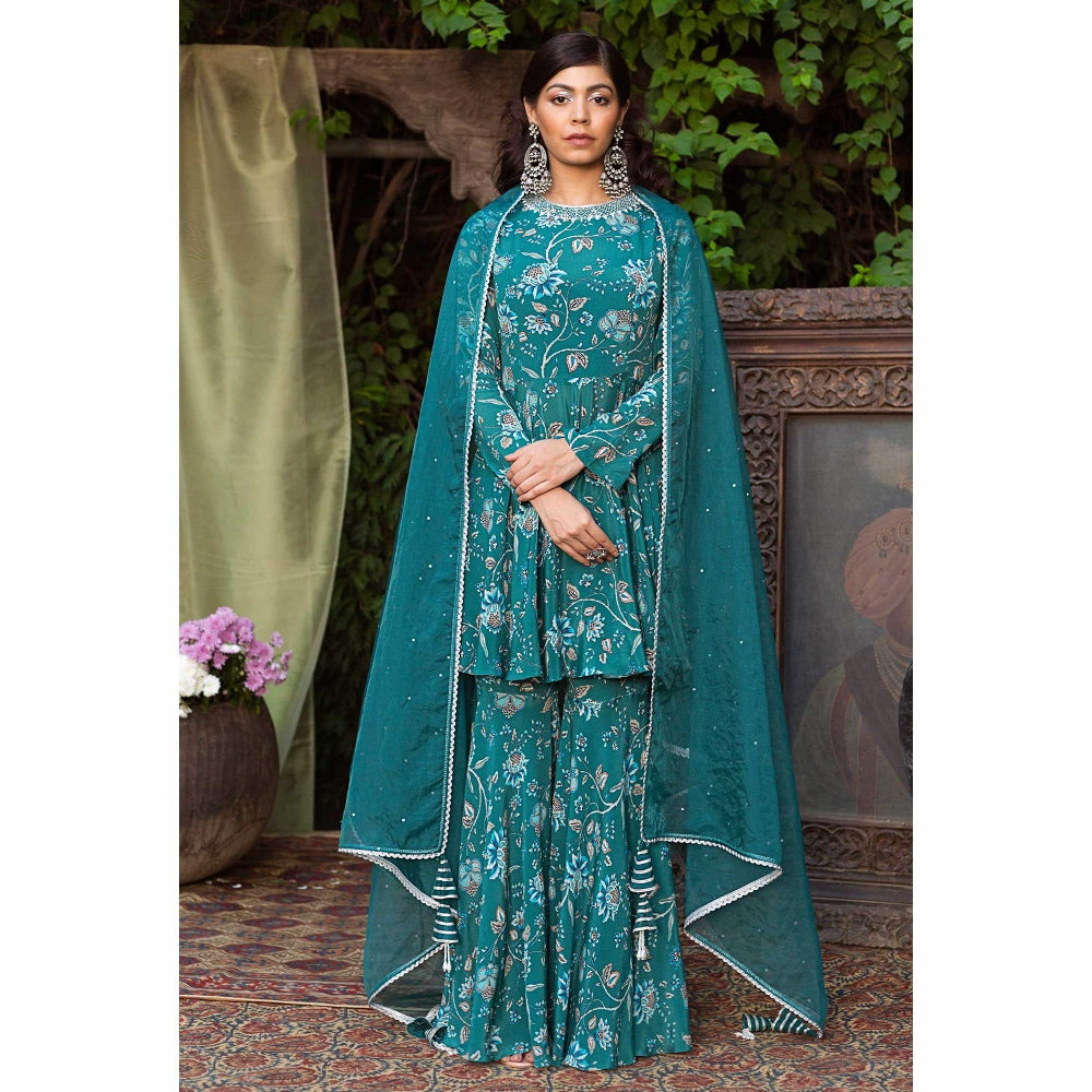Chhavvi Aggarwal Teal Blue Print Kurta And Sharara With Dupatta (Set of 3)