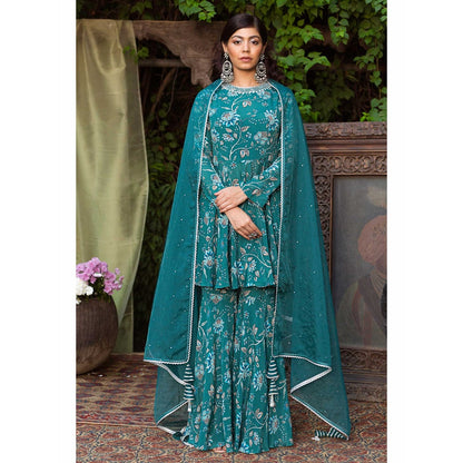Chhavvi Aggarwal Teal Blue Print Kurta And Sharara With Dupatta (Set of 3)