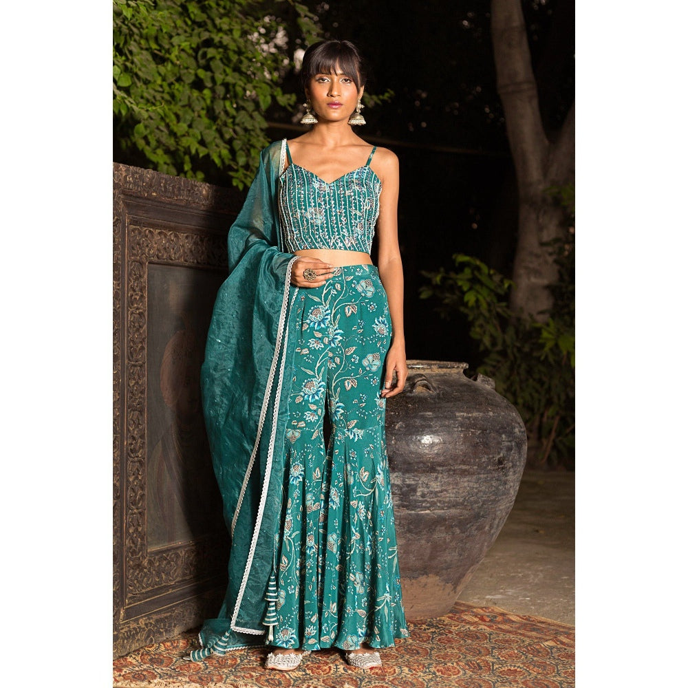 Chhavvi Aggarwal Teal Print Sharara With Blouse And Dupatta (Set of 3)