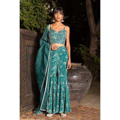 Chhavvi Aggarwal Teal Print Sharara With Blouse And Dupatta (Set of 3)