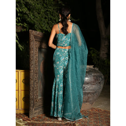 Chhavvi Aggarwal Teal Print Sharara With Blouse And Dupatta (Set of 3)