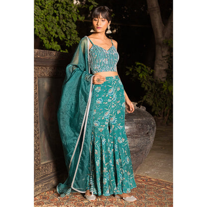 Chhavvi Aggarwal Teal Print Sharara With Blouse And Dupatta (Set of 3)