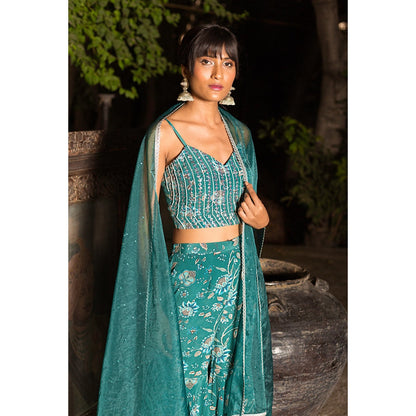 Chhavvi Aggarwal Teal Print Sharara With Blouse And Dupatta (Set of 3)