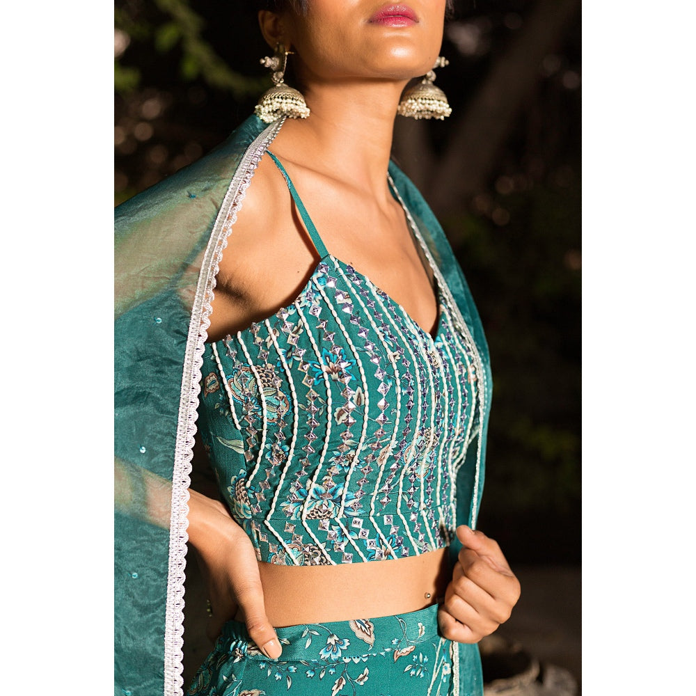 Chhavvi Aggarwal Teal Print Sharara With Blouse And Dupatta (Set of 3)