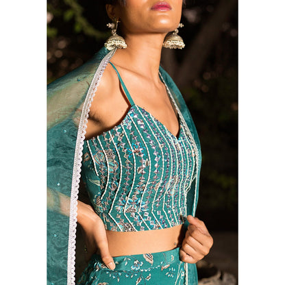 Chhavvi Aggarwal Teal Print Sharara With Blouse And Dupatta (Set of 3)