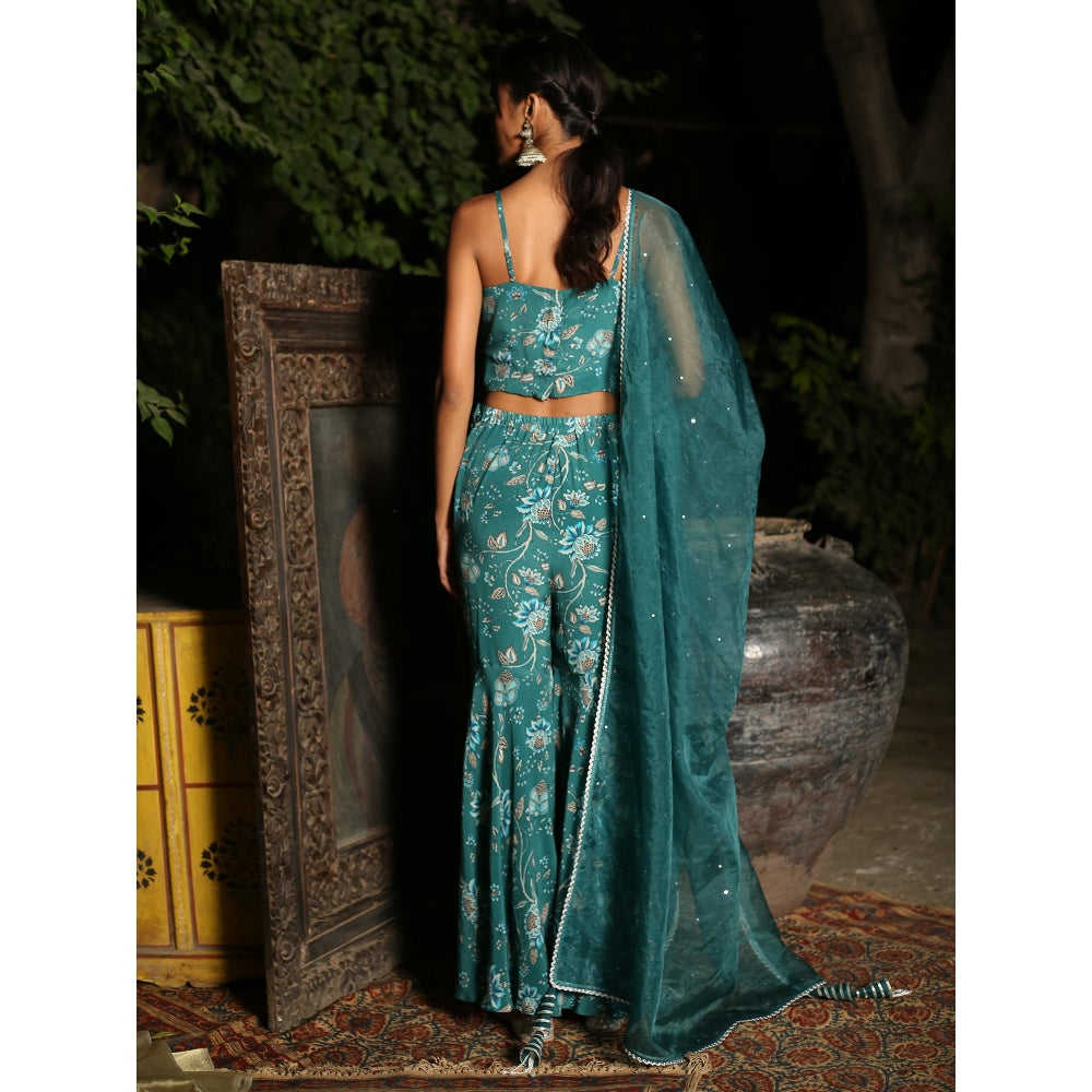 Chhavvi Aggarwal Teal Print Sharara With Blouse And Dupatta (Set of 3)