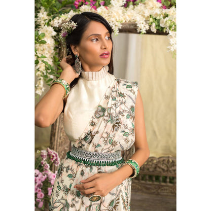 Chhavvi Aggarwal Off White Pant Saree With Stitched Blouse (Set of 3)