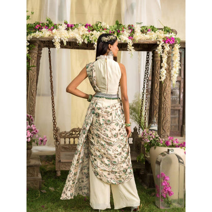 Chhavvi Aggarwal Off White Pant Saree With Stitched Blouse (Set of 3)