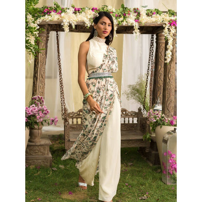 Chhavvi Aggarwal Off White Pant Saree With Stitched Blouse (Set of 3)