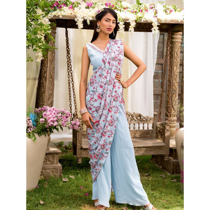 Chhavvi Aggarwal Blue Pant Saree With Stitched Blouse (Set of 2)