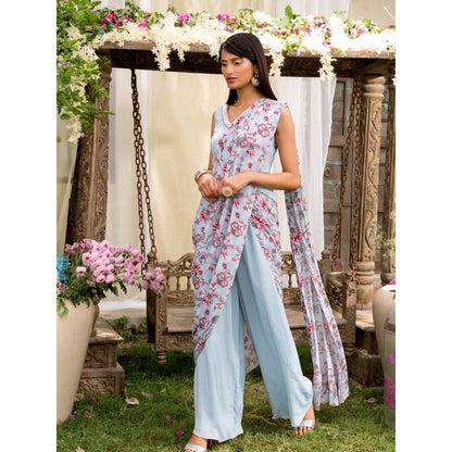 Chhavvi Aggarwal Blue Pant Saree With Stitched Blouse (Set of 2)