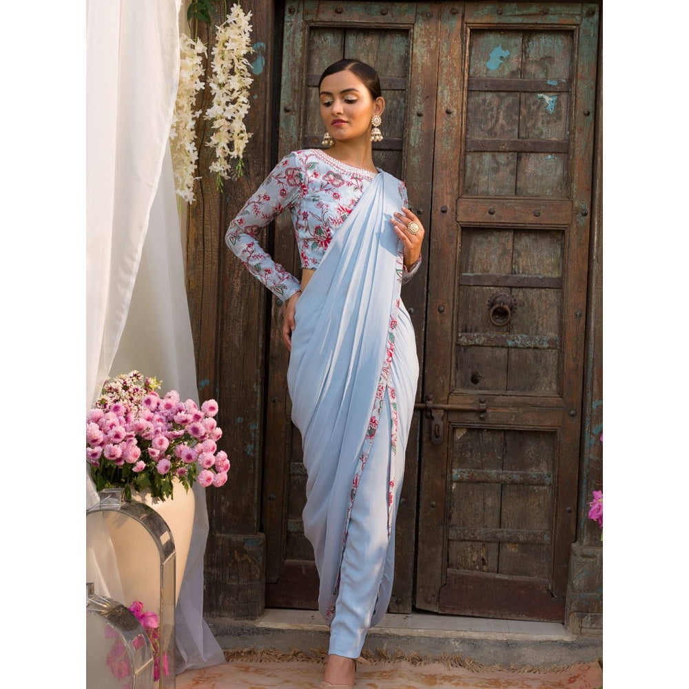 Chhavvi Aggarwal Blue Pant Saree With Stitched Blouse (Set of 2)