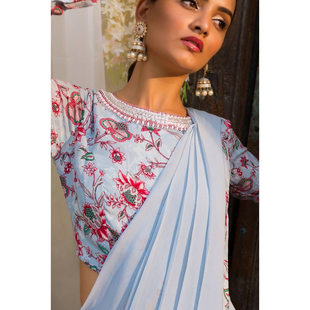 Chhavvi Aggarwal Blue Pant Saree With Stitched Blouse (Set of 2)