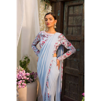 Chhavvi Aggarwal Blue Pant Saree With Stitched Blouse (Set of 2)