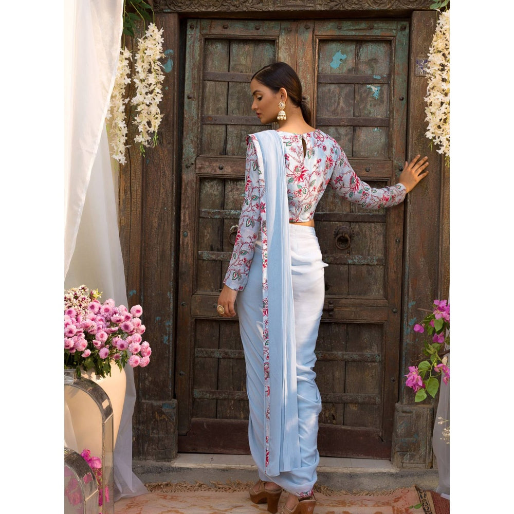 Chhavvi Aggarwal Blue Pant Saree With Stitched Blouse (Set of 2)