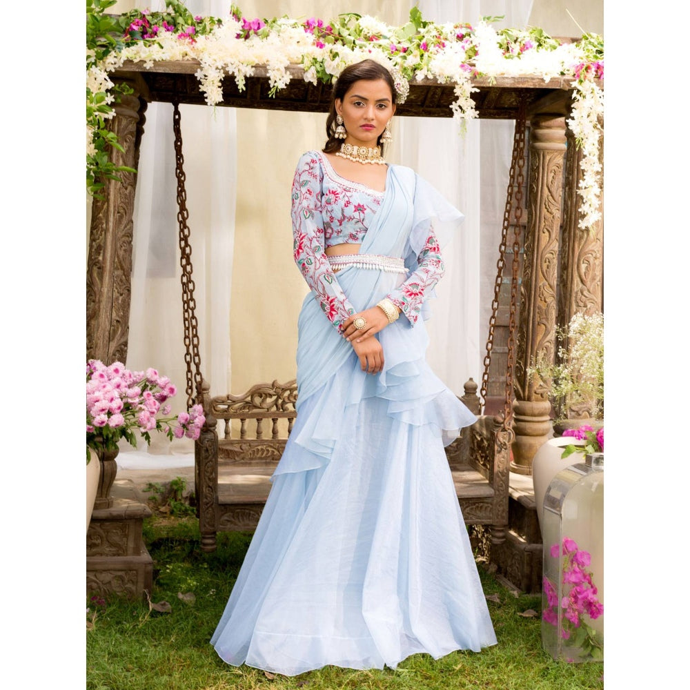 Chhavvi Aggarwal Blue Lehenga Saree With Stitched Blouse (Set of 3)