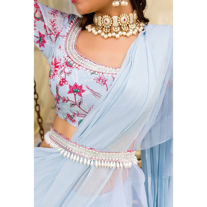 Chhavvi Aggarwal Blue Lehenga Saree With Stitched Blouse (Set of 3)