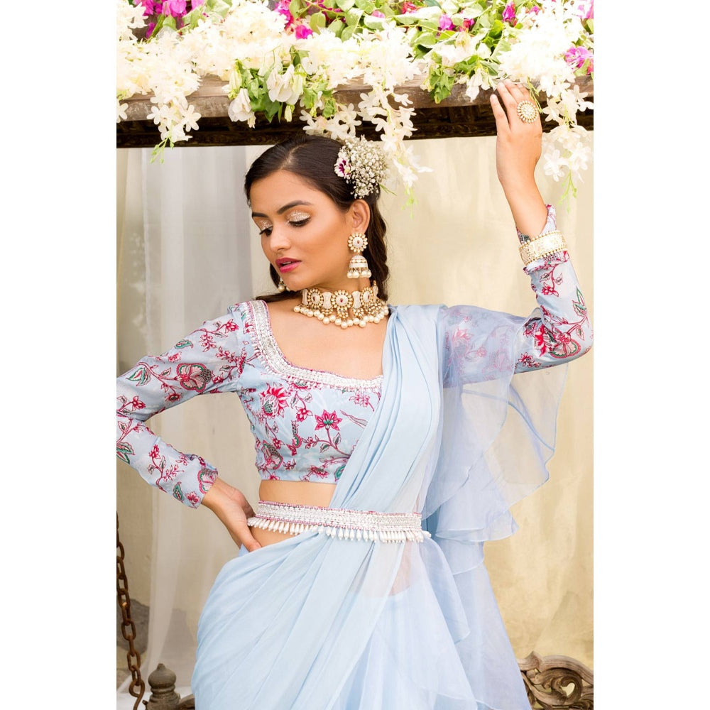 Chhavvi Aggarwal Blue Lehenga Saree With Stitched Blouse (Set of 3)