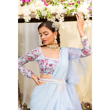 Chhavvi Aggarwal Blue Lehenga Saree With Stitched Blouse (Set of 3)