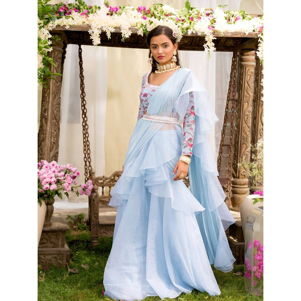 Chhavvi Aggarwal Blue Lehenga Saree With Stitched Blouse (Set of 3)