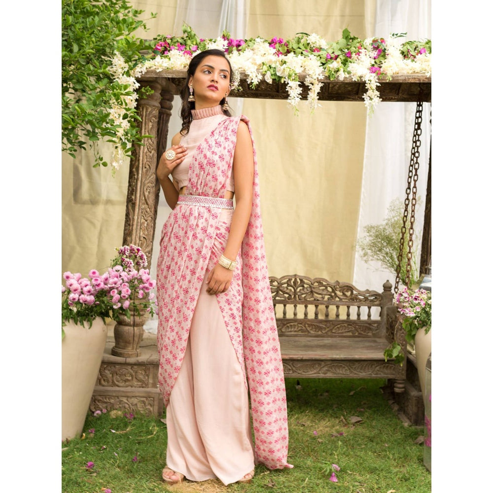 Chhavvi Aggarwal Pink Pant Saree With Stitched Blouse (Set of 3)
