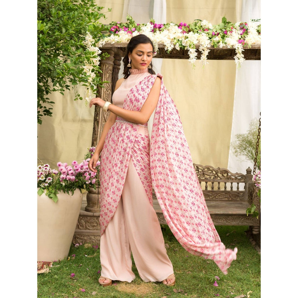 Chhavvi Aggarwal Pink Pant Saree With Stitched Blouse (Set of 3)
