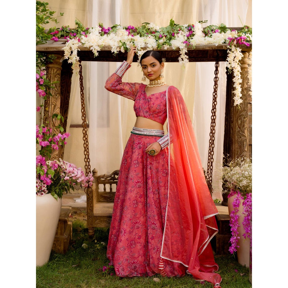 Chhavvi Aggarwal Coral Lehenga Set (Set of 4)