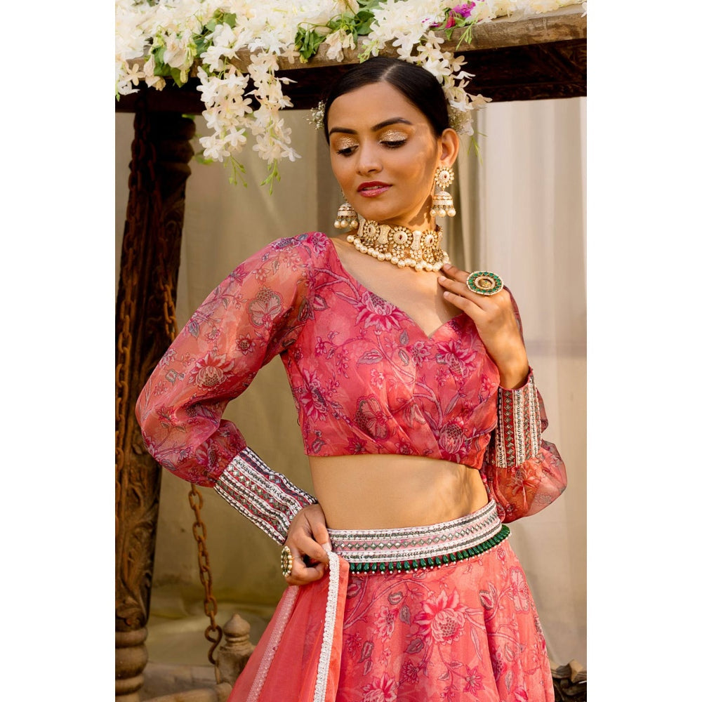 Chhavvi Aggarwal Coral Lehenga Set (Set of 4)