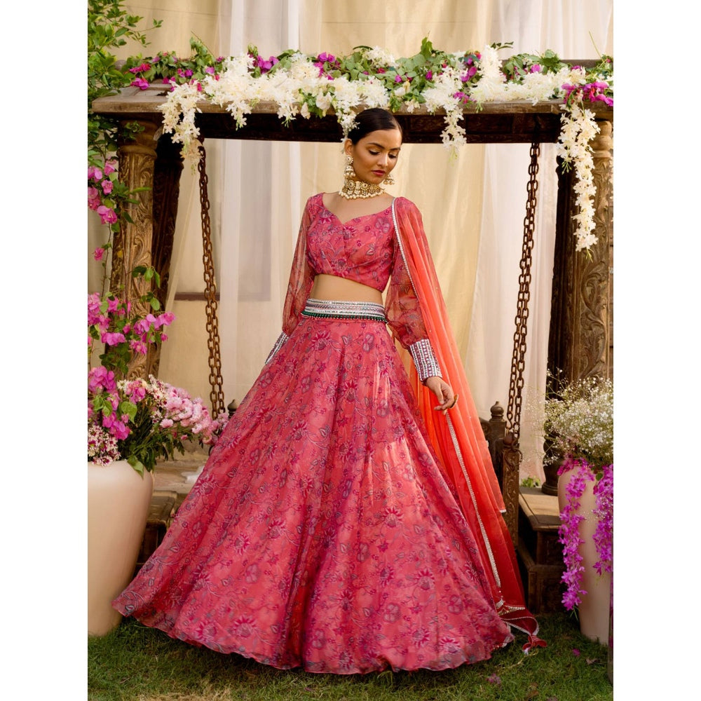 Chhavvi Aggarwal Coral Lehenga Set (Set of 4)