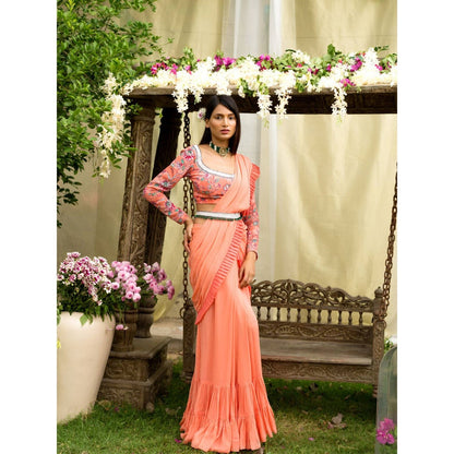 Chhavvi Aggarwal Coral Saree With Stitched Blouse (Set of 3)