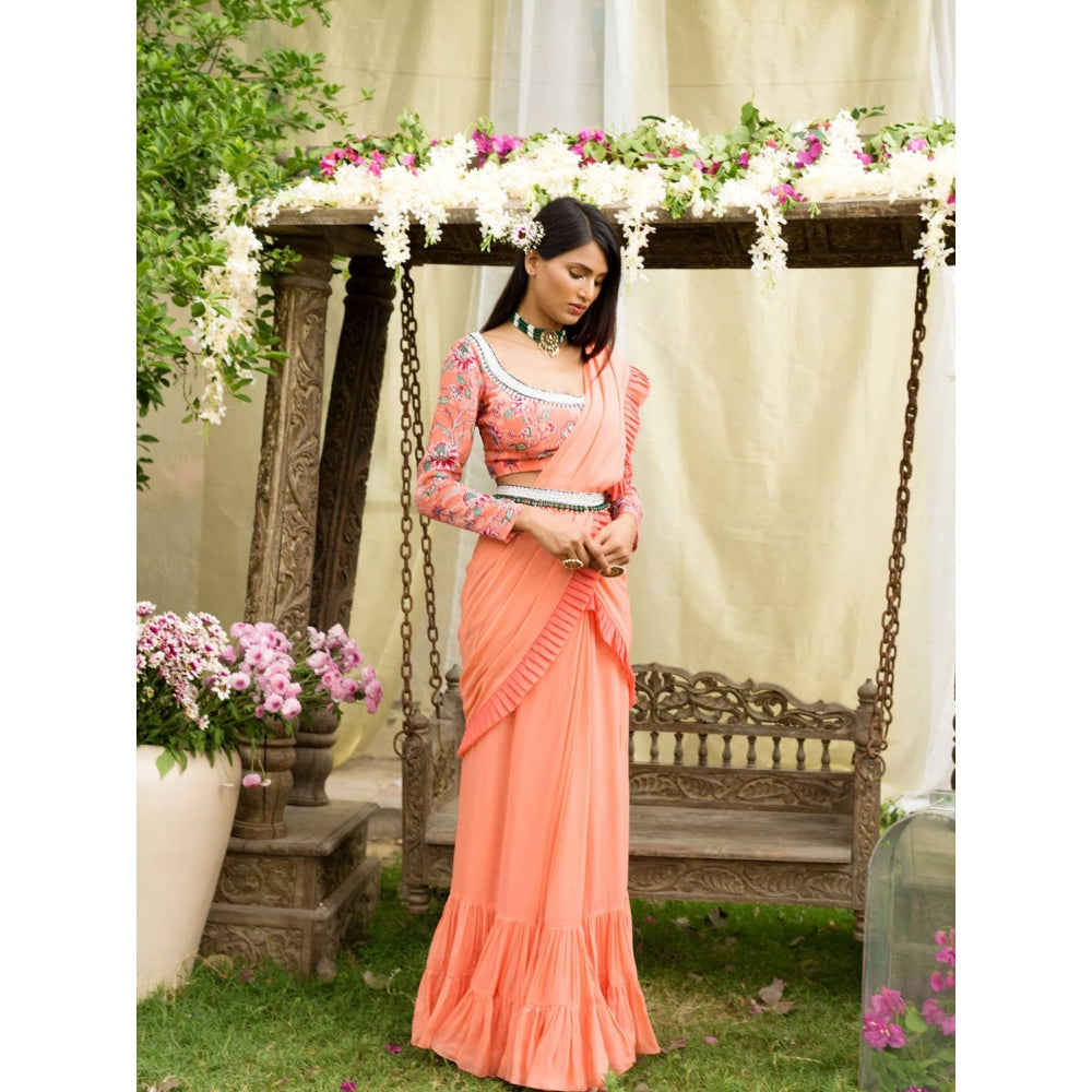 Chhavvi Aggarwal Coral Saree With Stitched Blouse (Set of 3)
