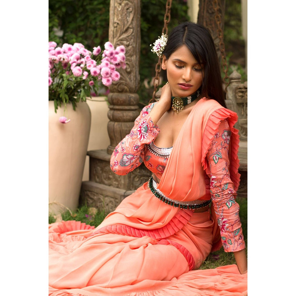 Chhavvi Aggarwal Coral Saree With Stitched Blouse (Set of 3)