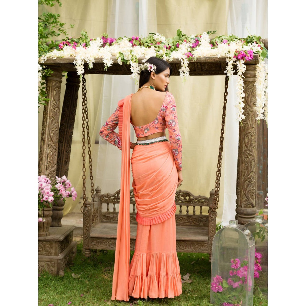 Chhavvi Aggarwal Coral Saree With Stitched Blouse (Set of 3)