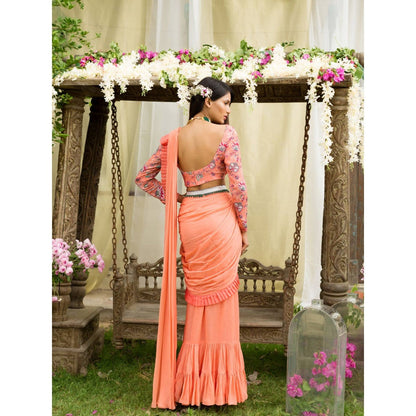 Chhavvi Aggarwal Coral Saree With Stitched Blouse (Set of 3)